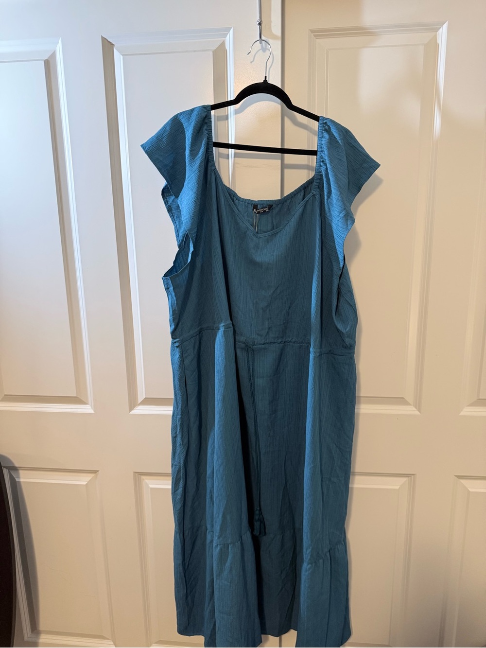 BloomChic Teal Blue Textured Dress with Ruffle sleeves